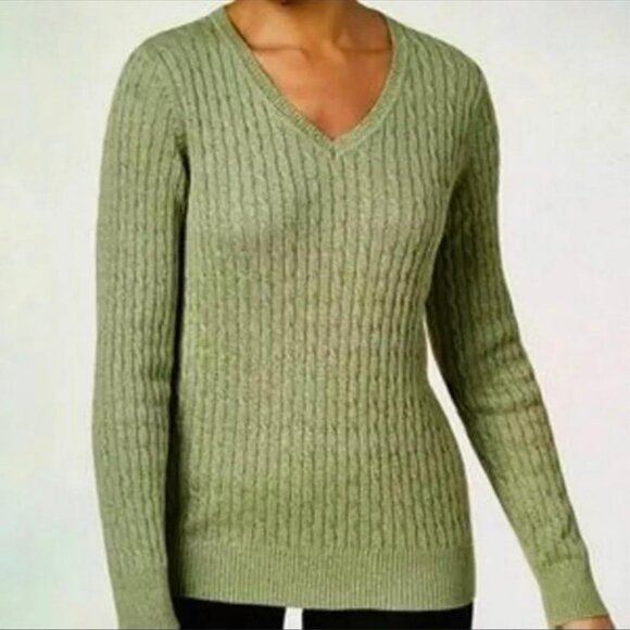 Karen Scott Cable Knit Pullover Sweater Lime Green Cotton V-Neck Size M - Picture 1 of 8